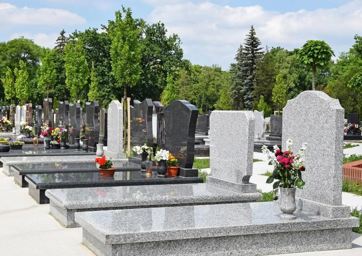 Monuments funéraires et tombes en granit alignés dans un cimetière.